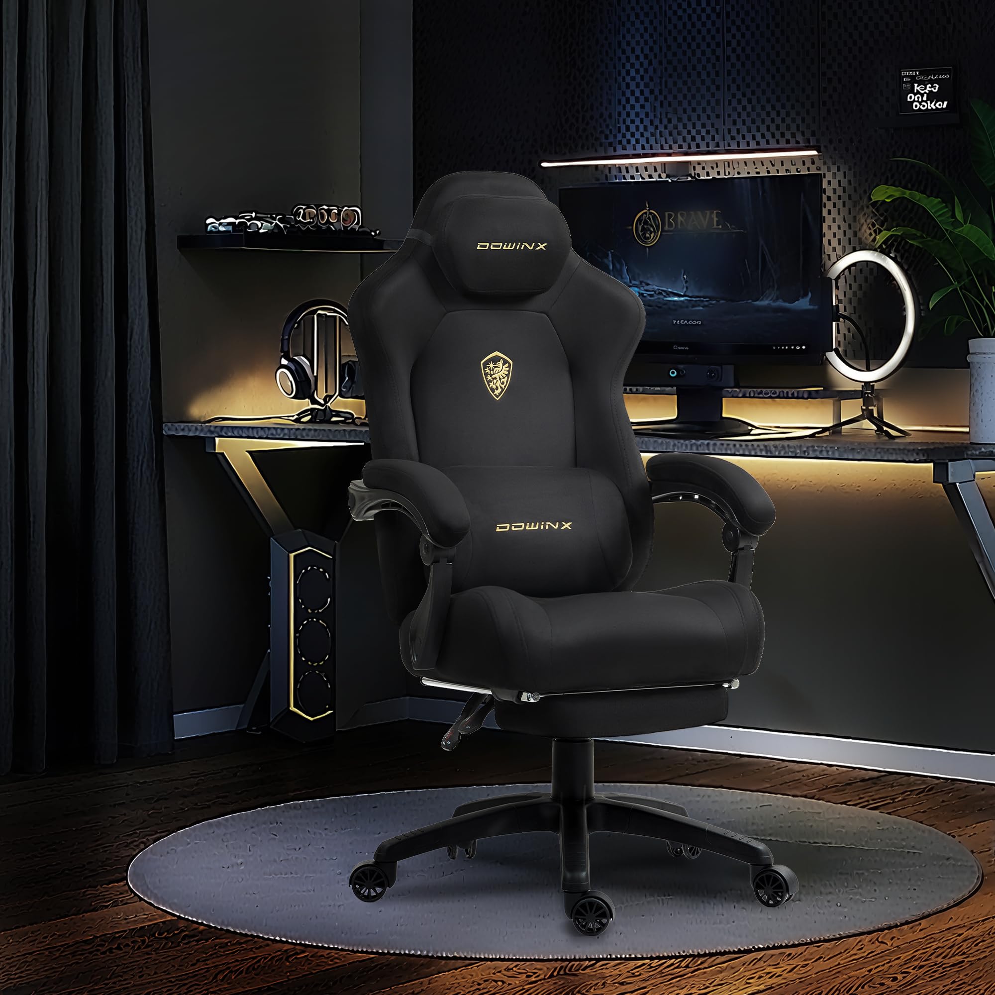 Dowinx Chaise Gaming Ergonomique avec Coussin Lombaire Réglable, Fauteuil Gamer en Velours, Assise Épaissie, Repose-Pieds Rétractable, Accoudoirs Réglables, Dossier Inclinable 160°, Noir