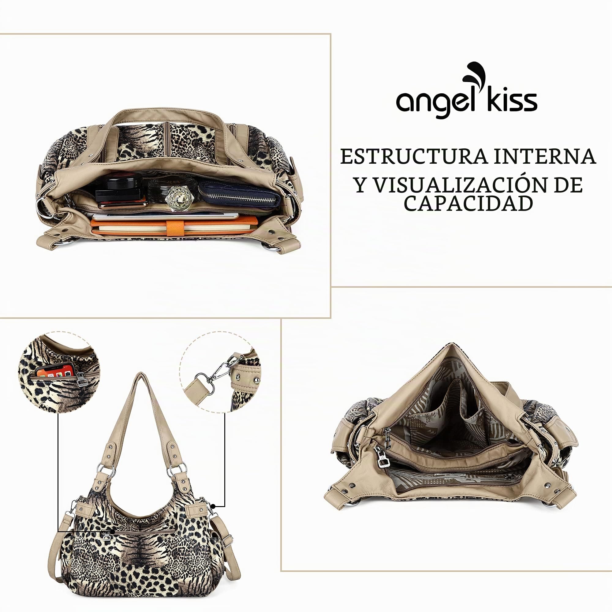 Angelkiss Hobo Monederos y bolsos para mujer, bolso de mano para mujer, bolsos grandes de hombro diarios.., Leopardo-marrón/beige, X-Large