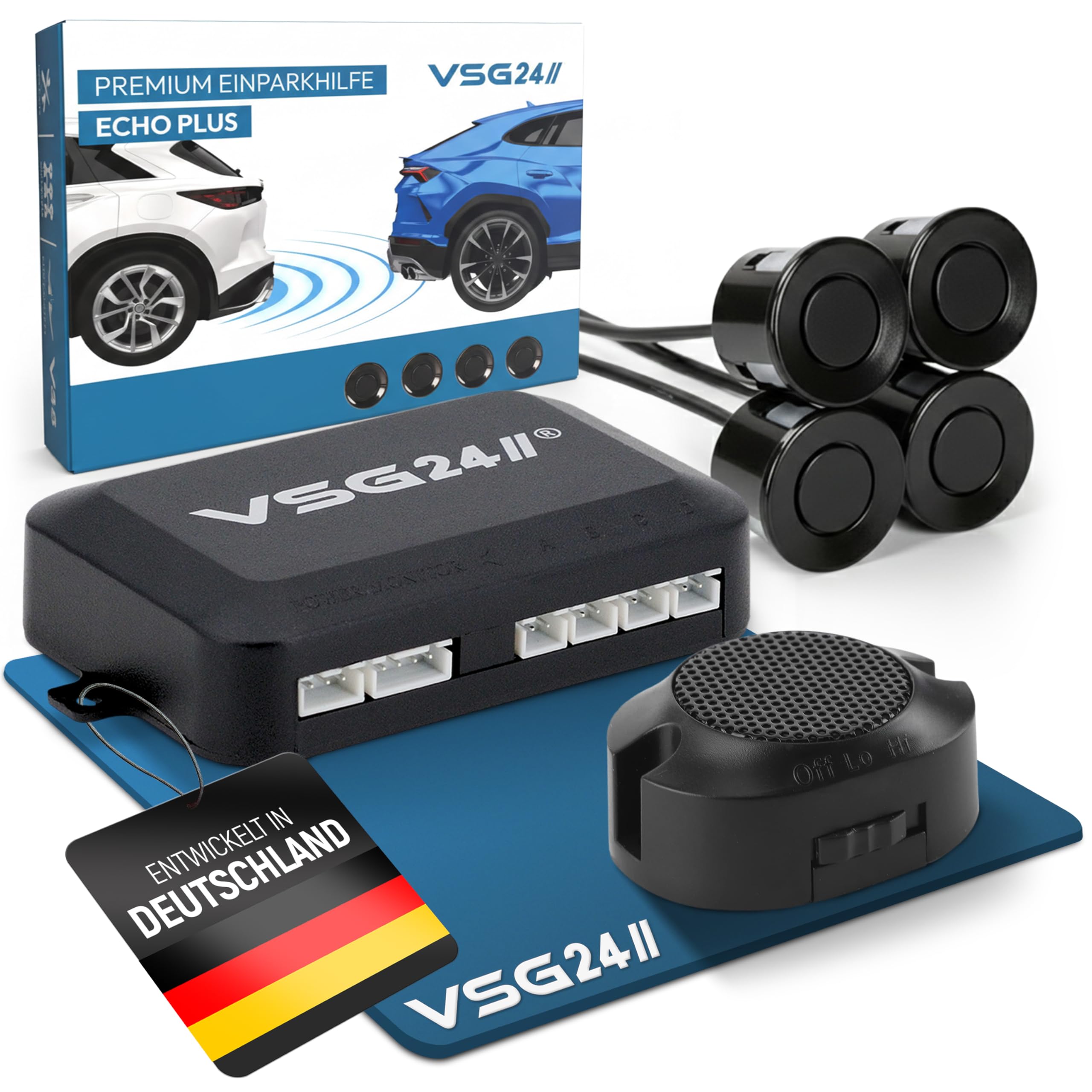 VSG24 Einparkhilfe Set hinten mit 4 Sensoren – robuste PDC Parkhilfe für Auto, SUV & Transporter – akustischer Rückfahrwarner, 30–150 cm Reichweite – 12V Nachrüstsystem