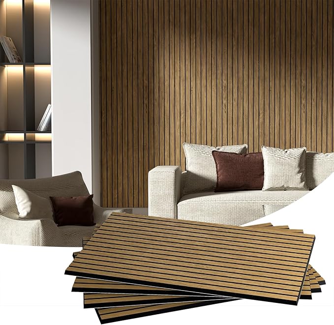 4 Pack Large Acoustic Panels,48 x 24 x 0.4 Inch Peel and Stick Wood Soundproof Wall Panels Art,PVC Sound Absorbing Panels for Wall Media Room, Office and Studio- Noise Reducing-Teak