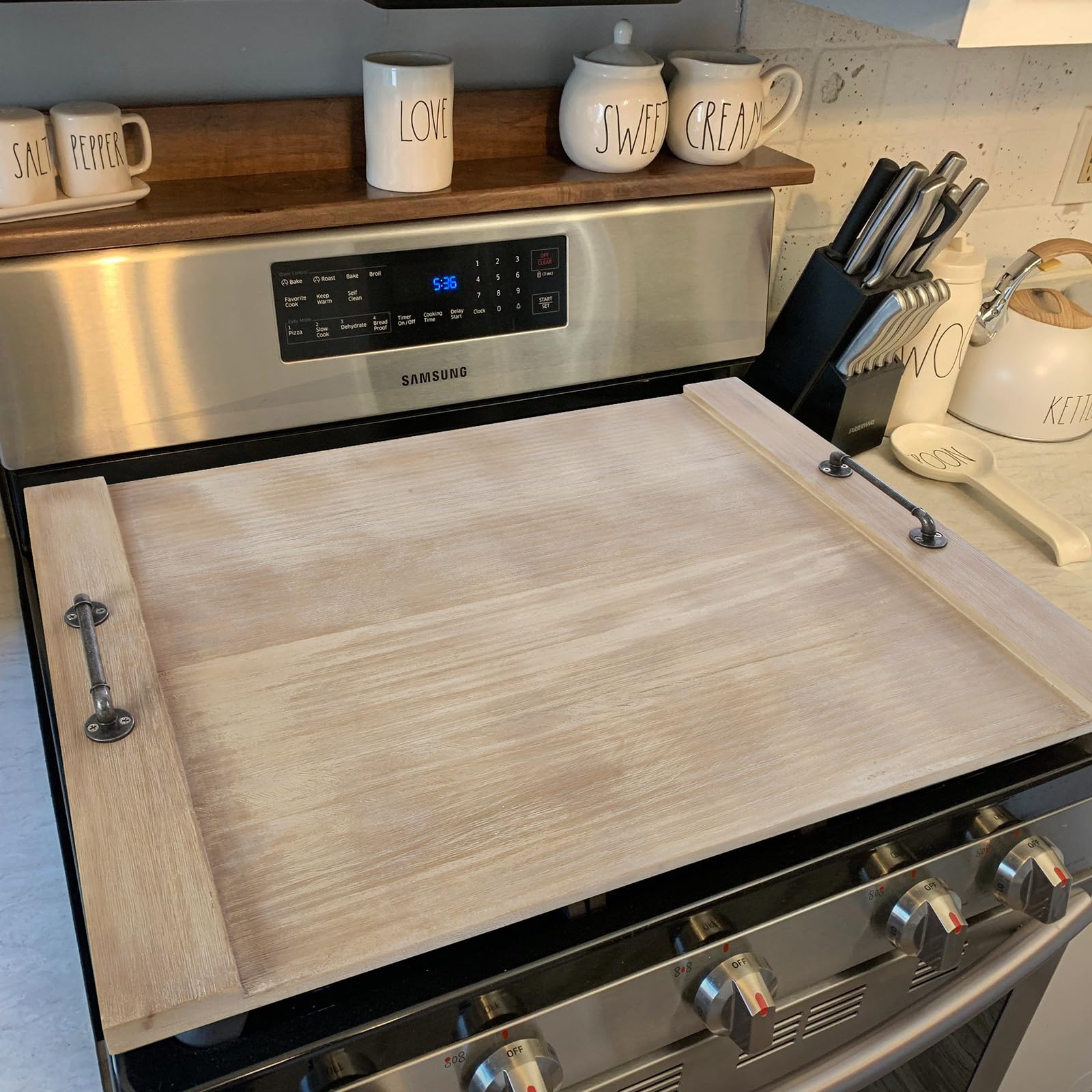 Danrelax 29.5 inch Walnut Stove Cover, Wood Stove Cover Board for Gas and Electric Stoves, Noodle Board Stove Cover with Handles, Vintage White