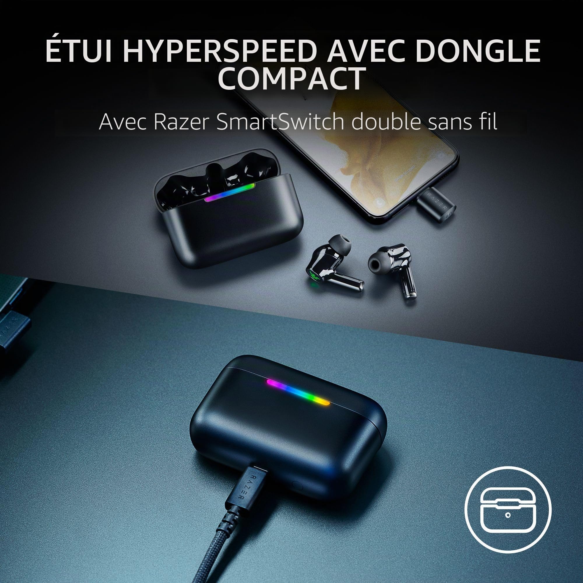 Écouteurs de Jeu Razer Hammerhead V3 HyperSpeed sans Fil Multi-Plateforme avec ANC – 2,4 GHz et Bluetooth 6.0, autonomie Jusqu’à 40 h, THX Spatial Audio, pour Smartphones, PC, Ordinateur Portable