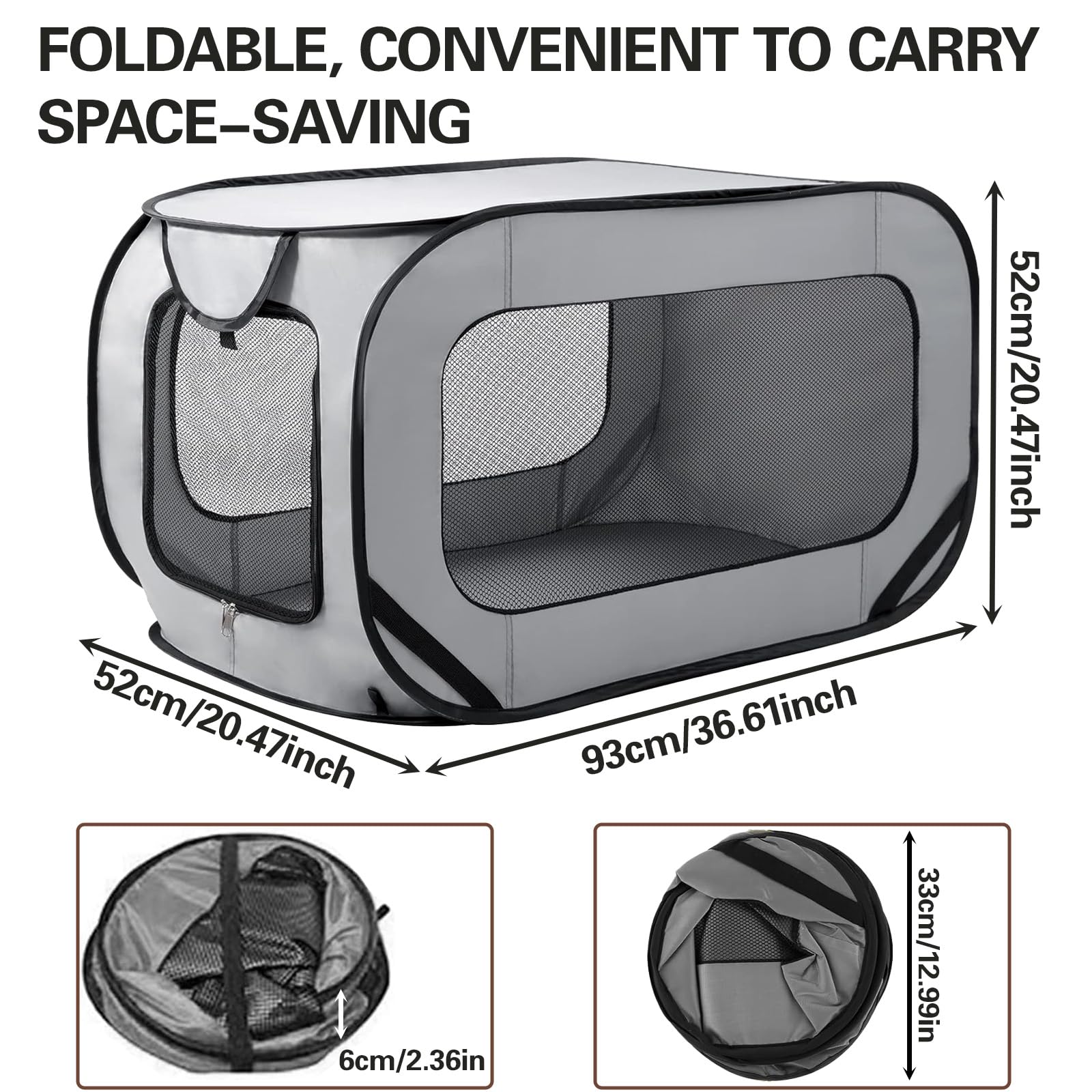 Caisse de Transport pour Chien Parc Pliable Cage Portative Clôture pour Animaux de Compagnie en Tissu Oxford Imperméable Plaqué Respirant pour Animaux Chien Chat Rongeur (Gris)