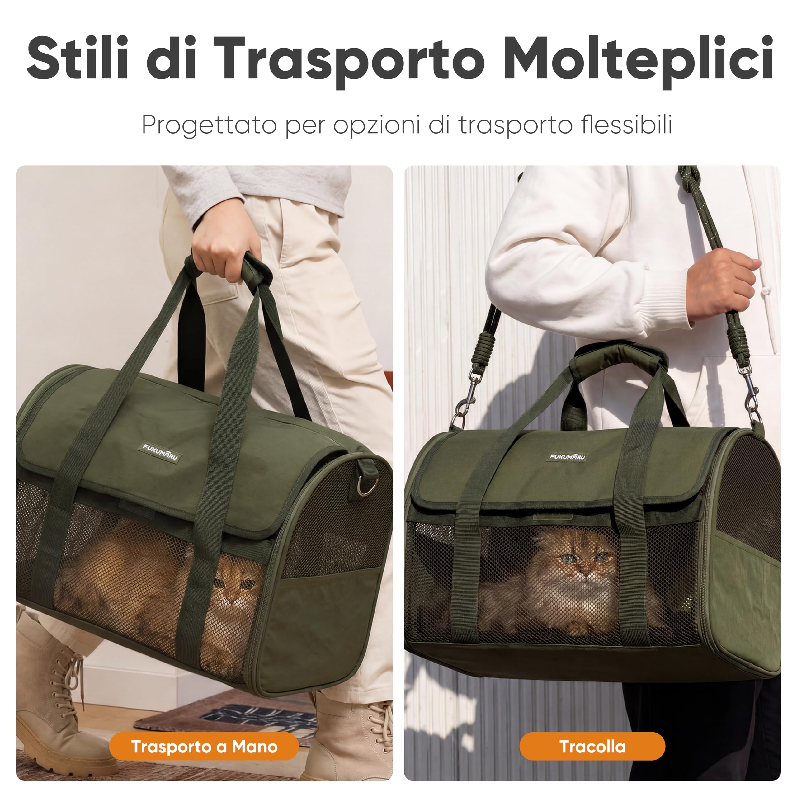 FUKUMARU Trasportino Gatto Cane Piccolo, Leggero e Traspirante, 46x28x28 cm, Approvato per Volo in Cabina, Pieghevole Morbido, Rete Anti-Graffio, Verde