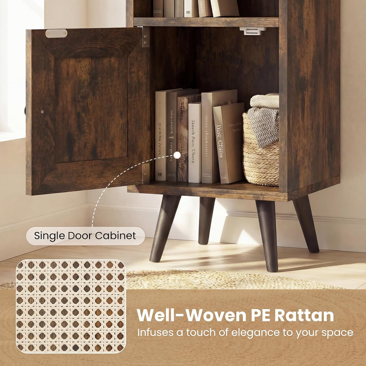 Giantex 6-Tier Tall Narrow Bookcase, 54 Inches Slim Storage Cabinet with Adjustable Shelf and Boho Style Rattan Door, Space-Saving Bookshelf for Living Room, Bedroom and Home Office (Rustic Brown)