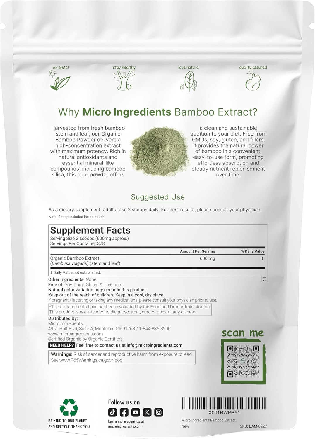 Micro Ingredients Organic Bamboo Extract Powder, 8oz (378 Servings) | Bamboo Plant Silica & Mineral Supplements | Natural Stem & Leaf Extract | Non-GMO, Gluten Free, Vegan Friendly - Image 2