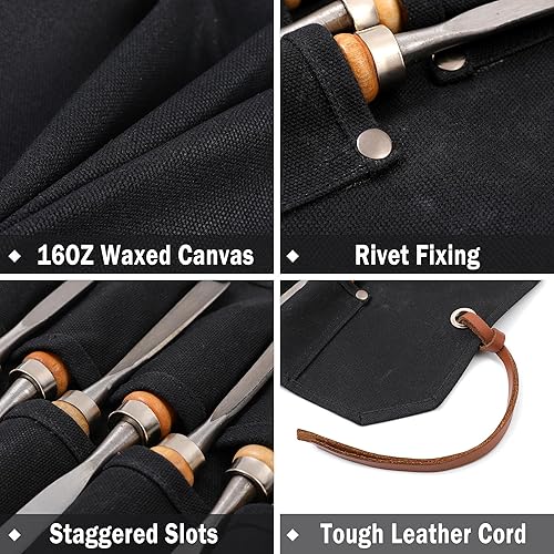 Miniatura 9 de Rollo de cincel multifunción, bolsa de almacenamiento de herramientas de lona encerada resistente de 16 onzas, soporte de herramientas duradero con