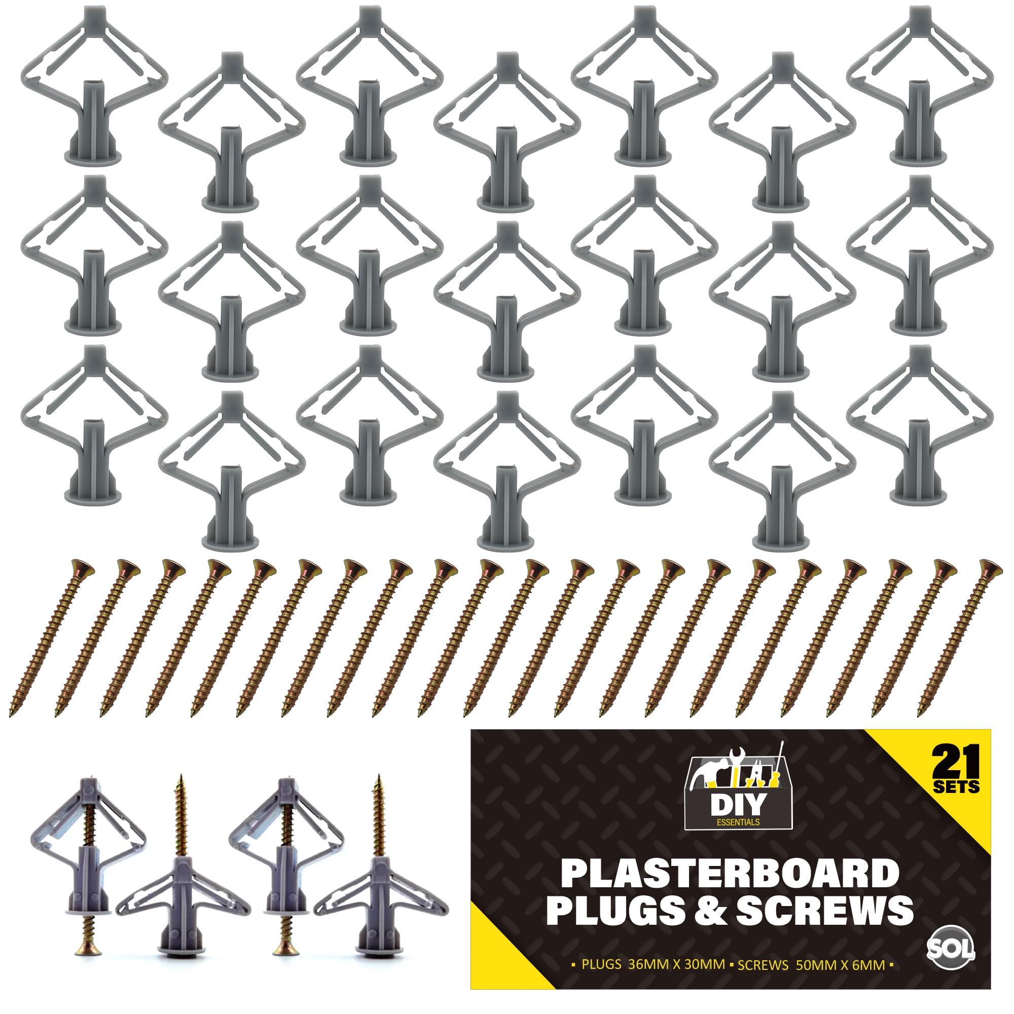 SOL 21pk Screws and Wall Plugs Set 36mm x 30mm Rawl Plugs 50mm x 6mm Fasteners for Masonry Concrete Brick Fixing Durable Anchors DIY Installation Home Repair Mounting Support
