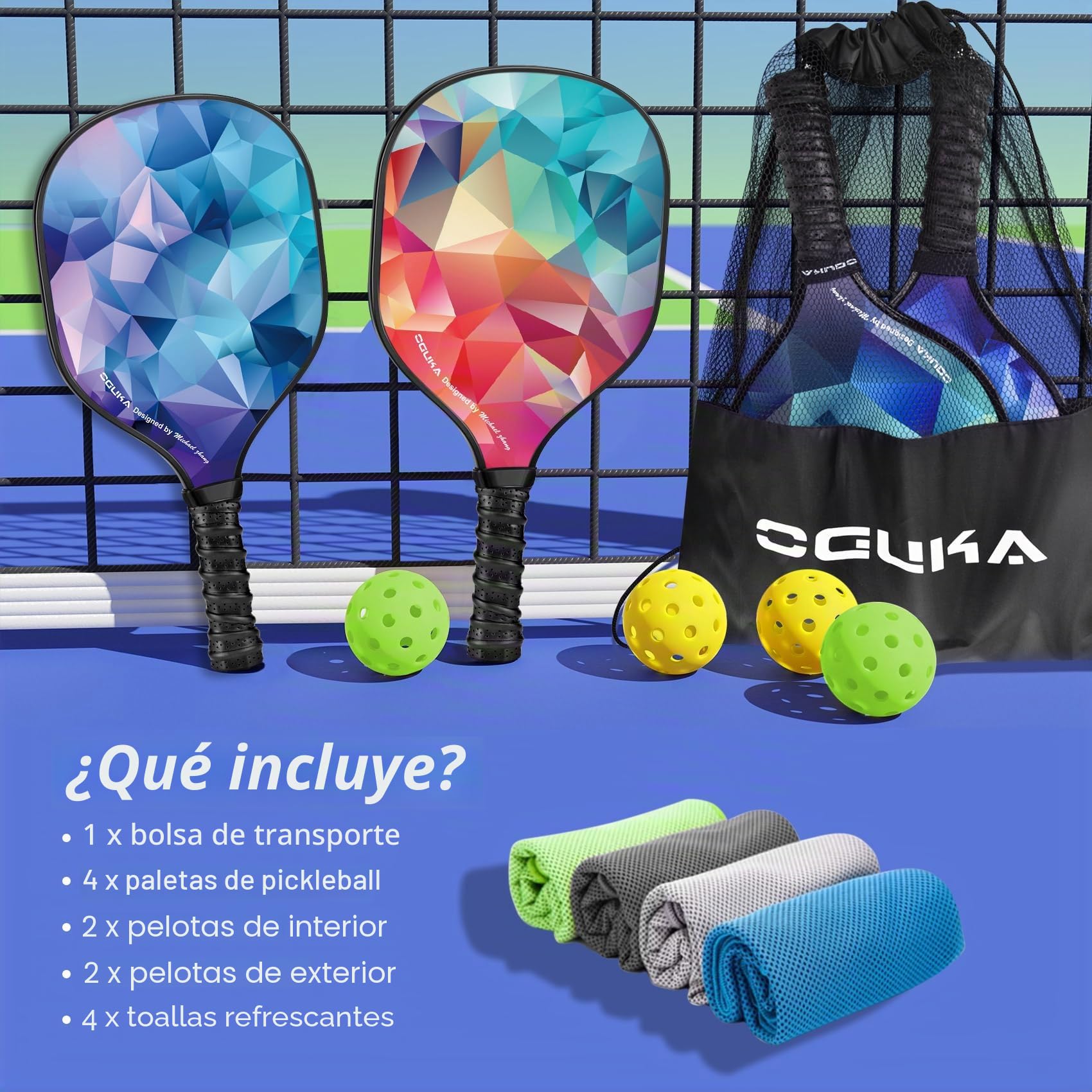 Palas de Pickleball, Juego de 4 paletas de Pickleball Ligeras aprobadas por USAPA, 4 Bolas de Pickleball, 4 Toallas de refrigeración y Bolsa, Raquetas de Pickleball de Primera Calidad, Regalos