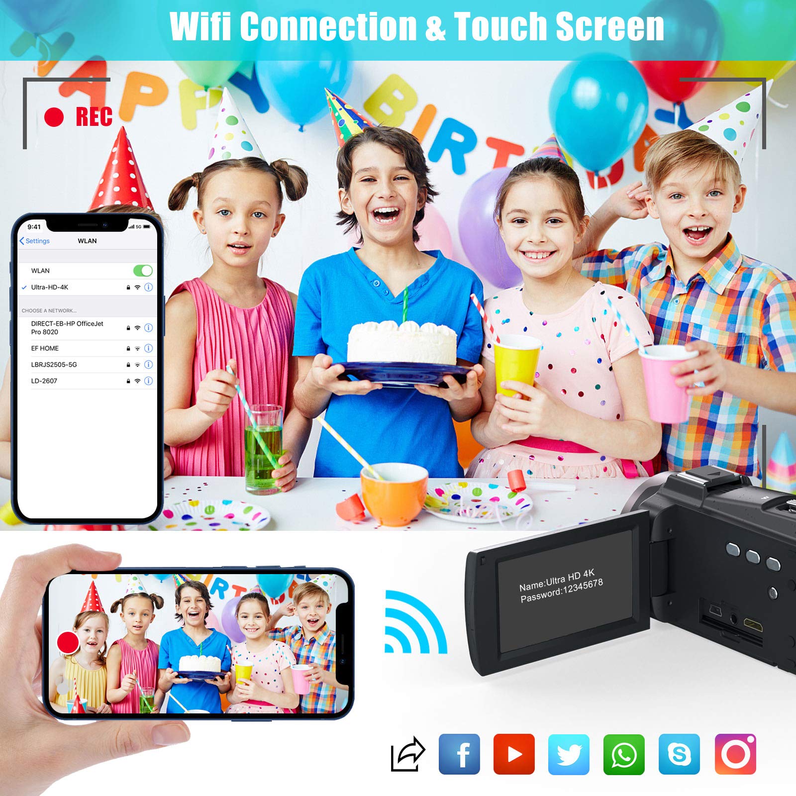 CAMKORY Videocamera 4K 48MP Videocamera WiFi, Vlogging Camera per YouTube 16X zoom digitale, schermo touch IPS da 3.0 pollici, visione notturna a infrarossi, con microfono, caricatore a batteria e 2
