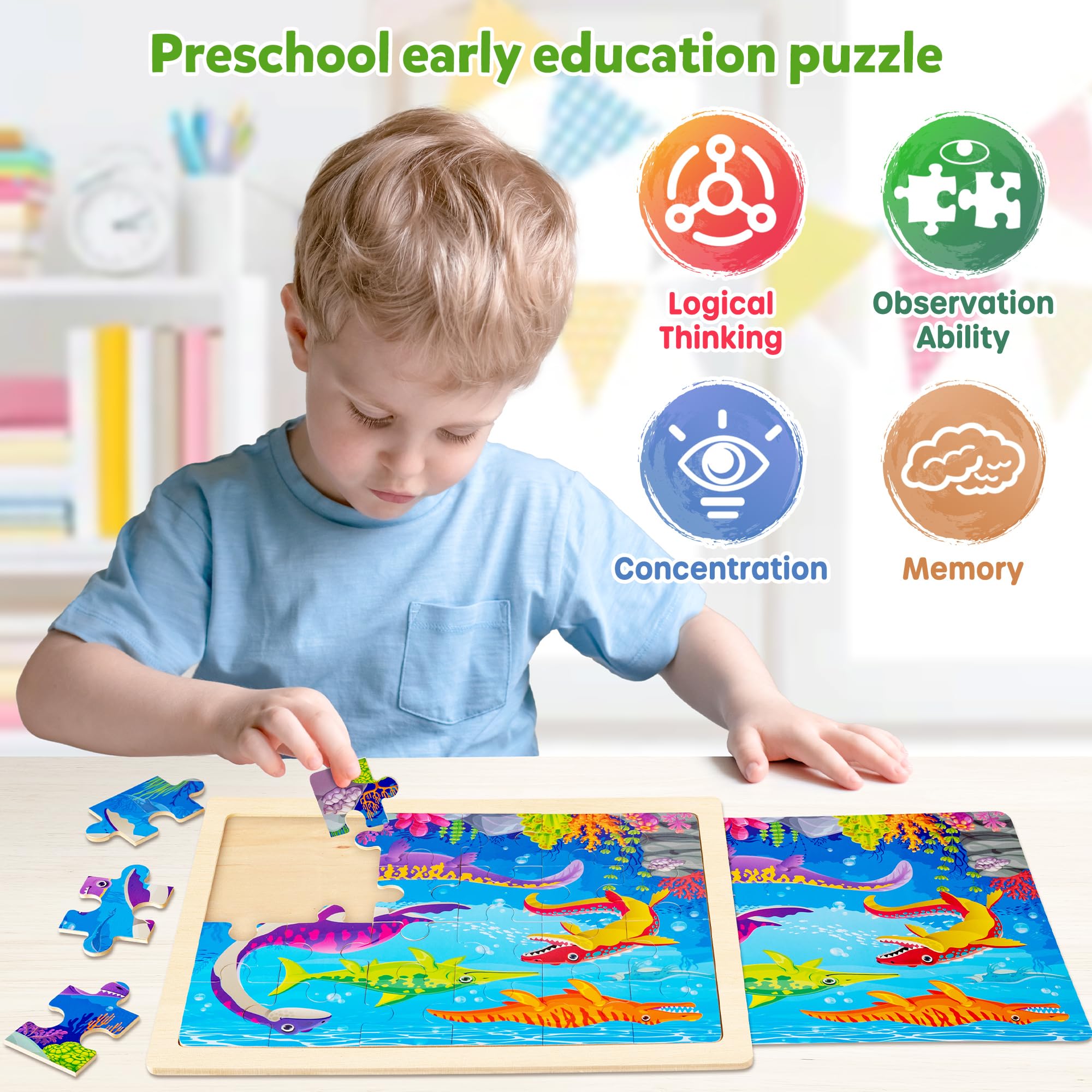 SYNARRY Große Dinosaurier-Holzpuzzle für Kinder, 4 in 1, Geschenkbox, 3-5 Jahre alte Kinder, Dinosaurier-Spielzeug, Geschenke für Kinder von 3-5 Jahren