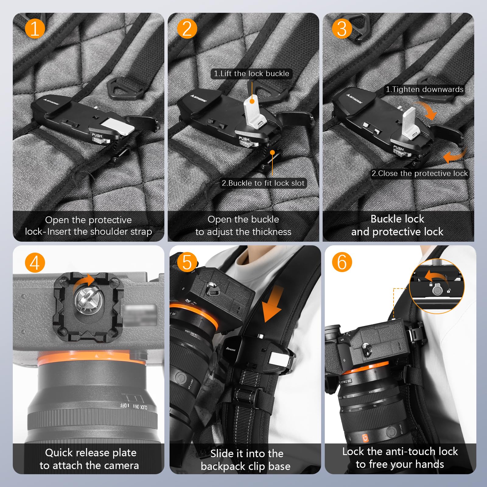 AMAZEAR Klips do plecaka na aparat fotograficzny do lustrzanki cyfrowej: ulepszony klip do aparatu fotograficznego na wędrówki, wspinaczkę górską, jednoręczny klips na aparat z płytką szybkiego