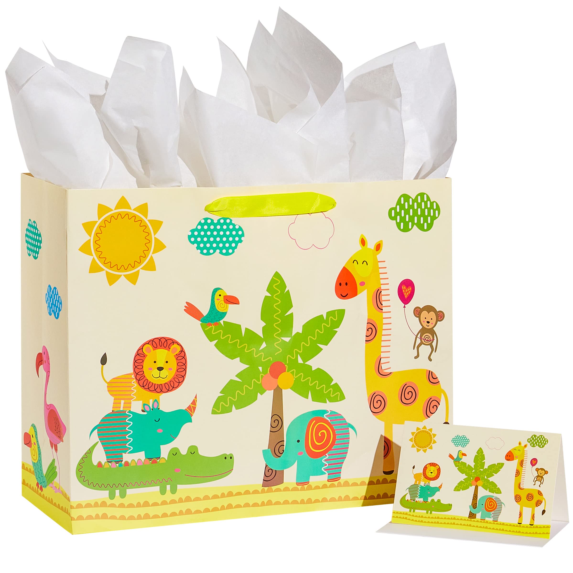 SUNCOLOR16" Extra Large Gift Bag for Baby Shower with Tissue Paper (Animals)