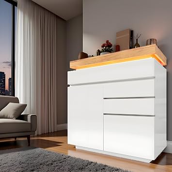Sideboards for Living Room, White High Gloss Sideboard Led Sideboard RGB App Controlled, 110cmx39cmx115cm