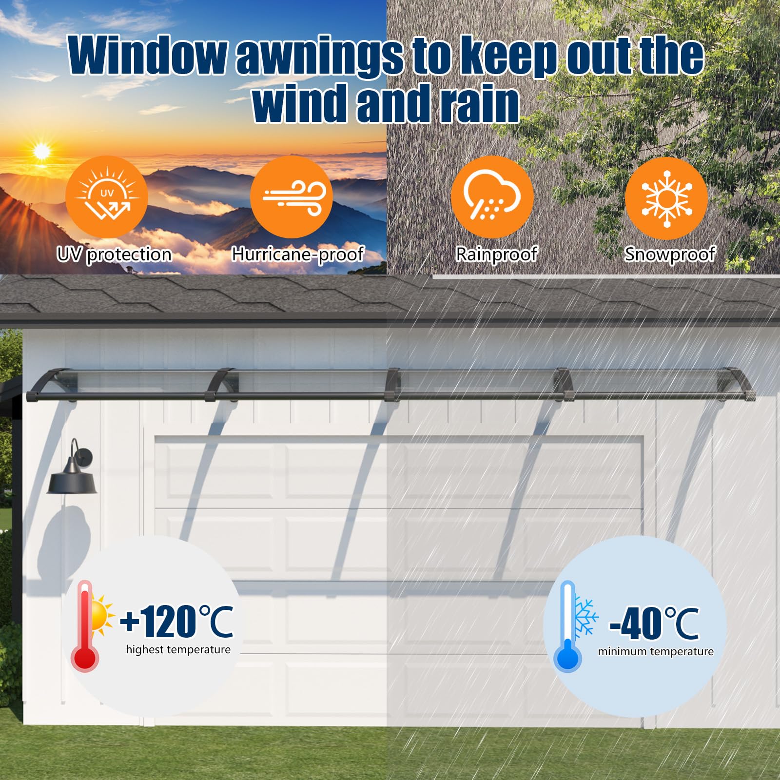 Marquesina Puerta Exterior, 200x100 cm Techo Exterior Lluvia UV/Resistencia a Vientos/Nieve, toldo con Sistema de Drenaje de Policarbonato para Tejado, Porche, Terrazas, Ventana