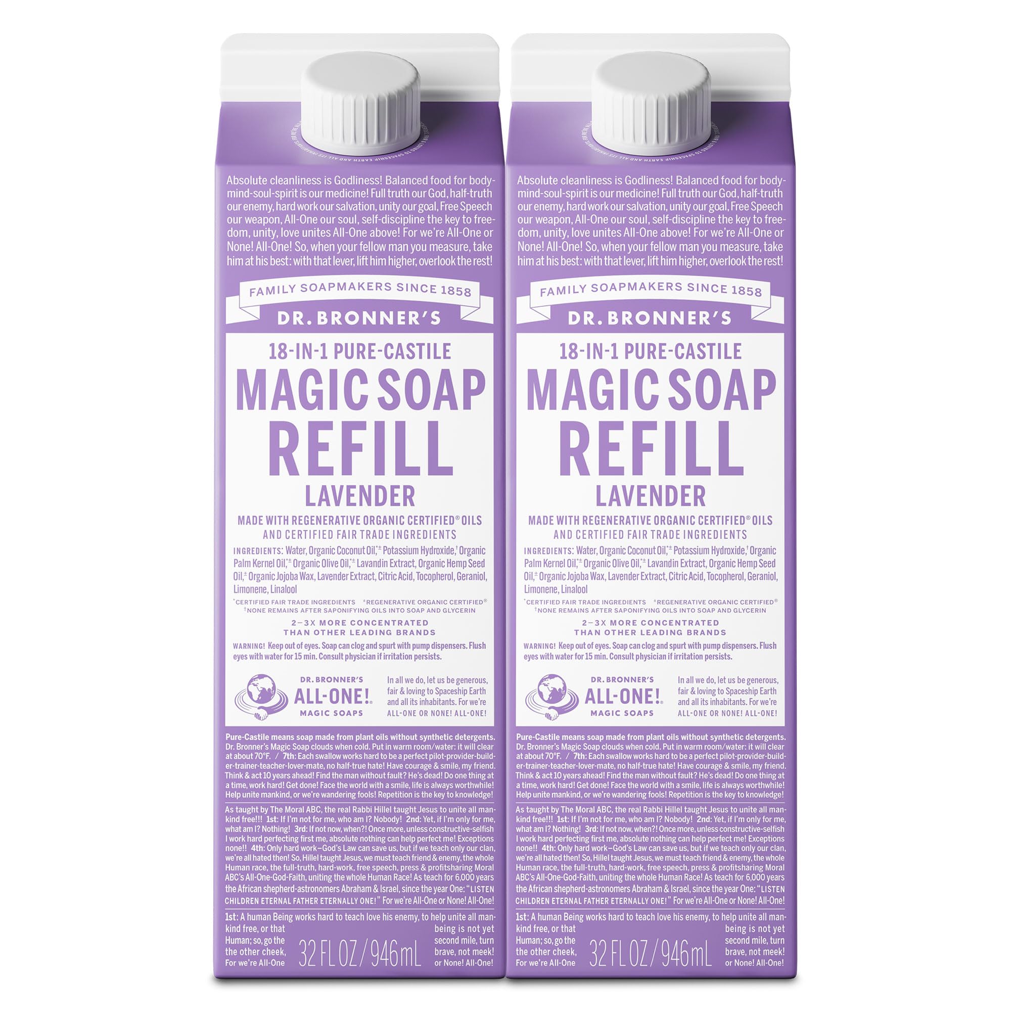 Sponsored Ad - Dr. Bronner's Magic Soap-Pure-Castile Liquid Refill (Lavender, 32 ounce, 2-Pack) - Made with Regenerative Organic Certified Oils, For Body, Hair, Laundry, Pets & Dishes, Concentrated, Vegan, Non-GMO