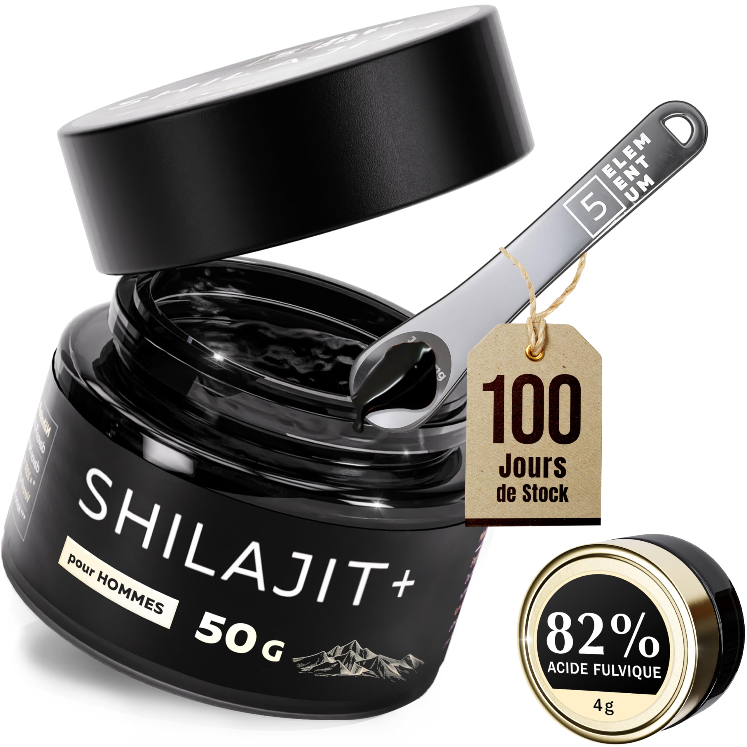 Shilajit Pure Himalaya 50 g + 4 g Offert – Résine Originale avec 82 % d’Acide Fulvique et 87 Minéraux | Naturellement Hautement Dosé | Pot en Verre Foncé + Cuillère Doseuse 500 mg