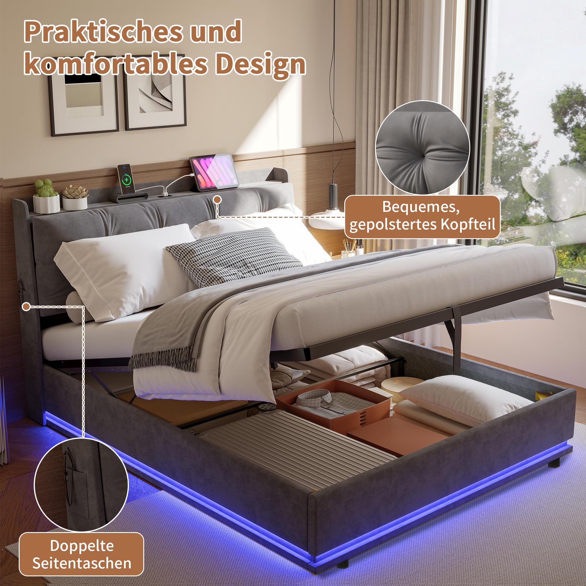 140 x 200 cm podwójne łóżko oświetlenie LED, złącze USB, miejsce do przechowywania | Pamięć hydrauliczna, regulowane oświetlenie LED, stacja ładująca USB, aksamitny zagłówek, drewniany stelaż, bez materaca