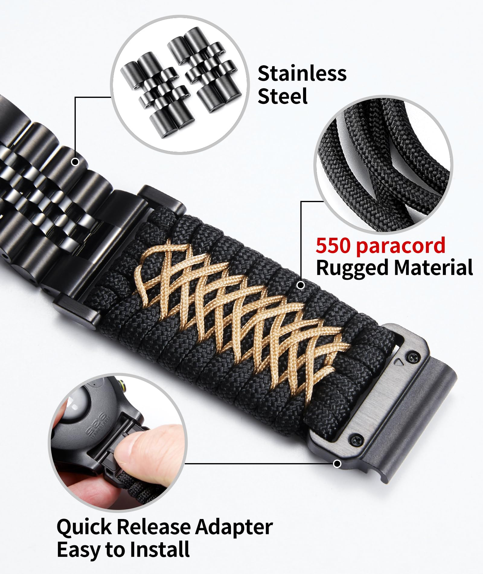BINLUN Compatibile con Garmin Cinturino 22mm 26mm Paracord 550 Intrecciato Acciaio Cinturini per Orologio Compatibile con Quickfit Compatibile con Fenix ​​Compatibile con Forerunner