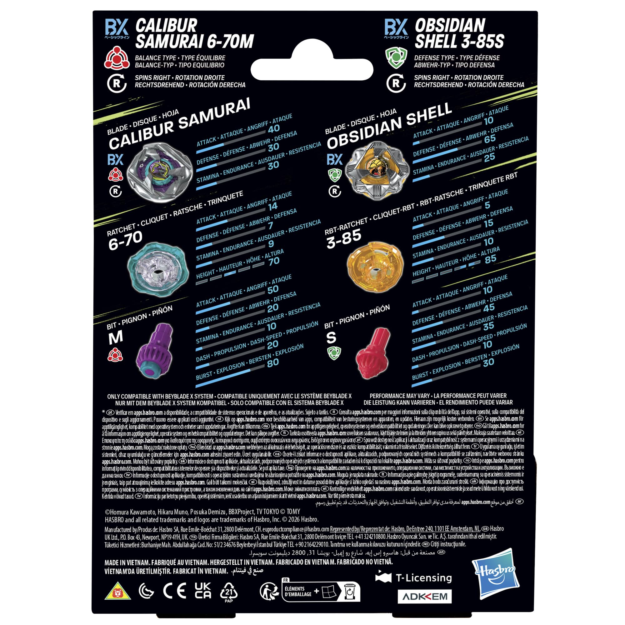 Beyblade X, Pack Doble Calibur Samurai 6-70M Bx y Obsidian Shell 3-85S Bx Takara Tomy con 2 Tops de rotación Derecha, Tops de Batalla, A Partir de 8 años
