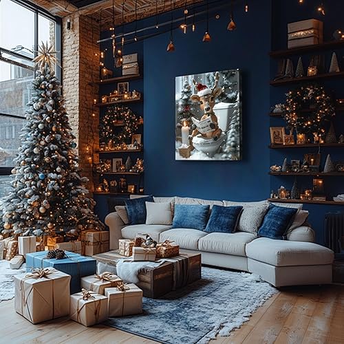 Miniatura 5 de Arte de pared de Navidad para baño, lindo animal de lectura de renos, periódico en el inodoro, impresiones estéticas de invierno, póster de pintura