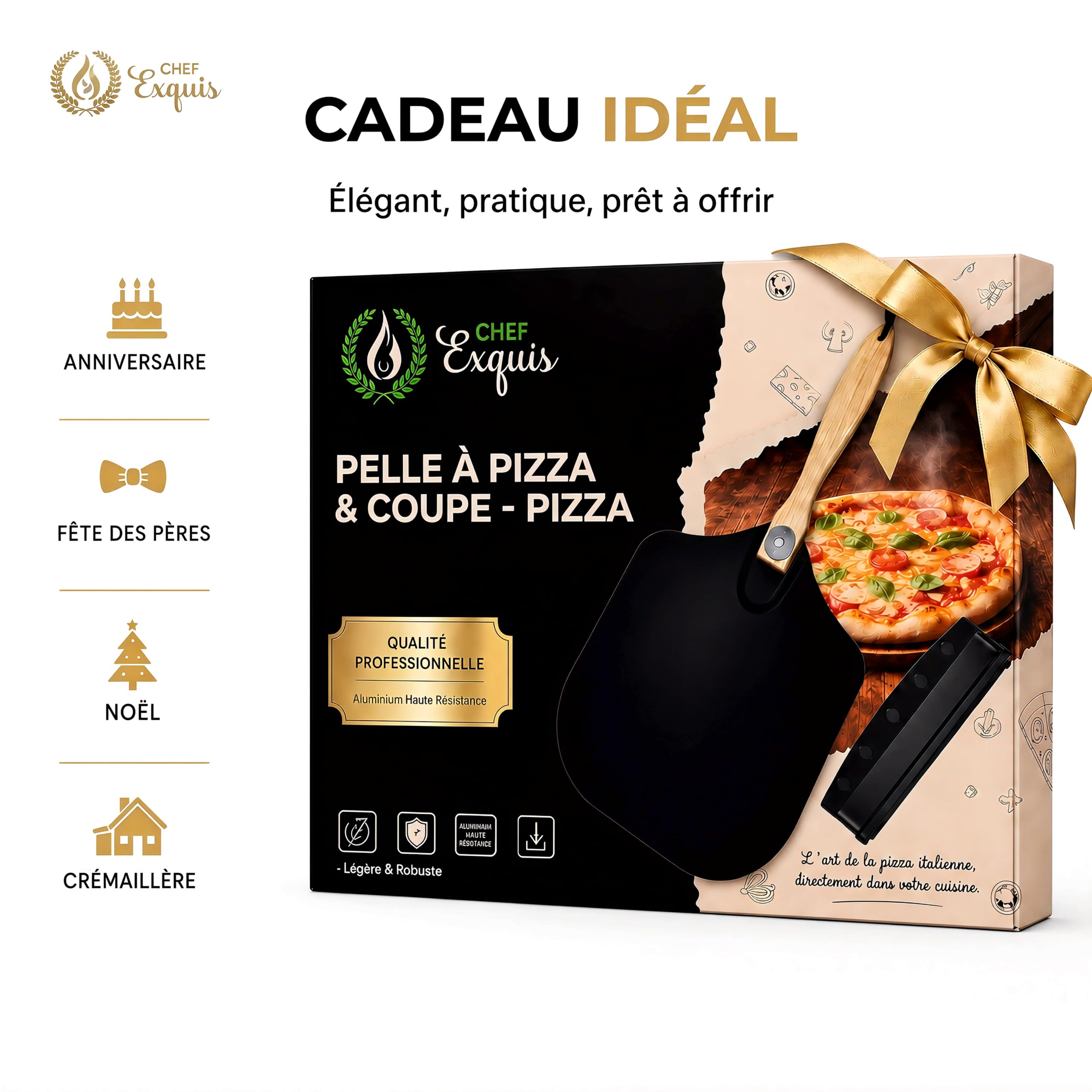 Kit Pelle à Pizza Pliable Noire et Coupe-Pizza Inox | Aluminium, manche en bois, spatule antiadhérente, acier inoxydable, tartes flambées, 30 cm