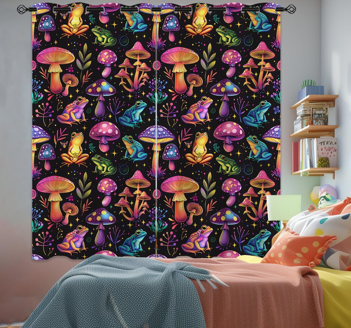 Neon Mushroom Blackout Curtains for Girls Boys Kids Home Decor, Hippie Frog Cute Colorful Fantasy Grommet Thermal Insulated Drapes Darkening Window Curtain for Bedroom Living Room, 55 x 63 Inch