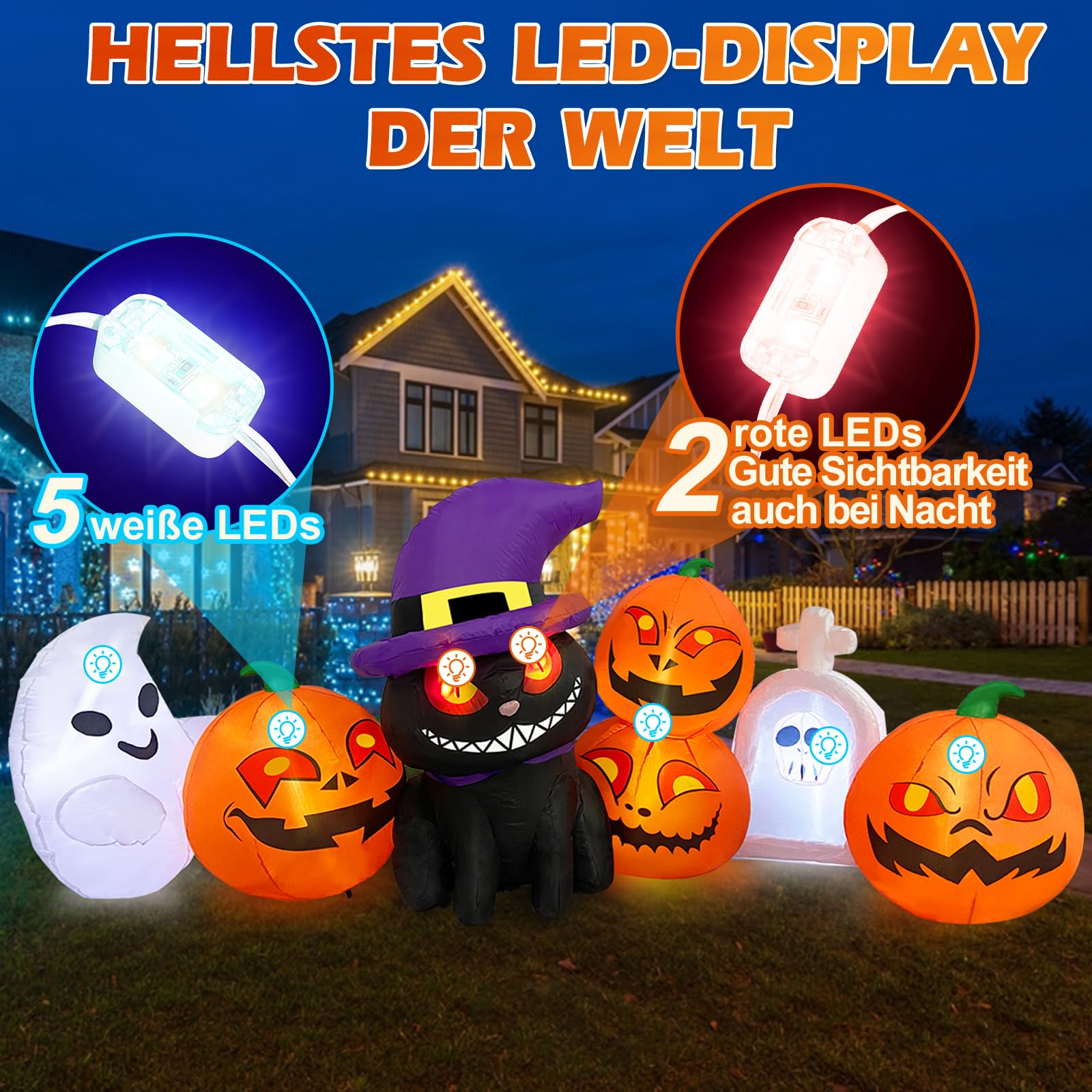 Danxilu Calabazas Hinchable Halloween 2,4 m con Fantasma y Gato Negro