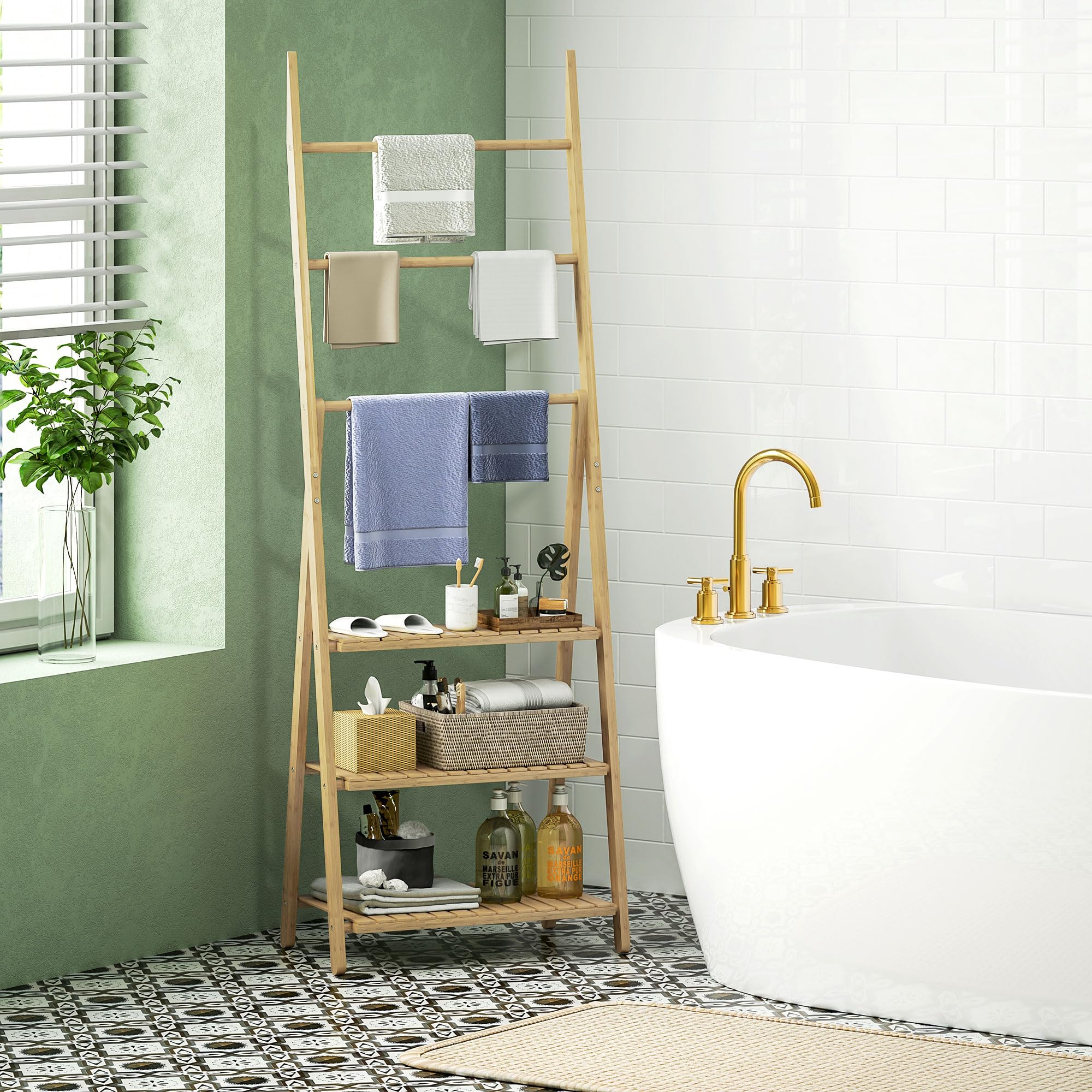 HOMCOM Scaffale Bagno con Porta Asciugamani, Mobile Bagno a 3 Ripiani con 3 Barre Portasciugamani Autoportante e Pieghevole, Legno di Bambù