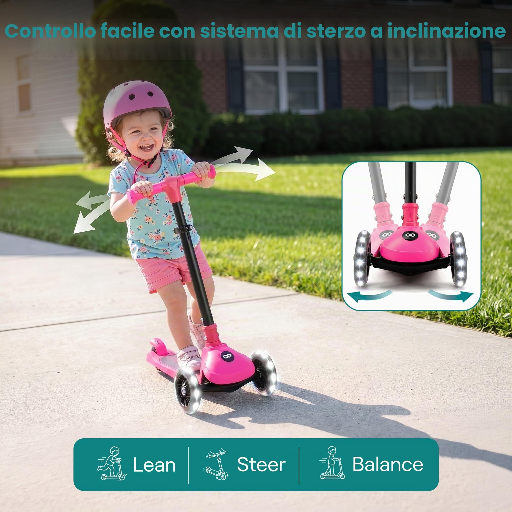 SereneLife Monopattino Bambino Pieghevole, Monopattino Bambina a 3 Ruote con Luci LED, Manubrio Regolabile e Freno, Monopattino a 3 Ruote, Scooter per Bambini e Bambine dai 3 Anni fino a 50 kg