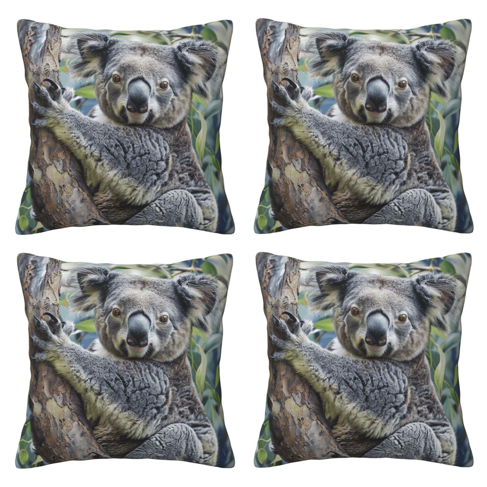 Koala Throw Pillow Cases 4 Pack Square Pillowcases Super Soft Pillow Protectors With Zipper for Couch Livingroom Sofa Bed Office Car,50x50 CM