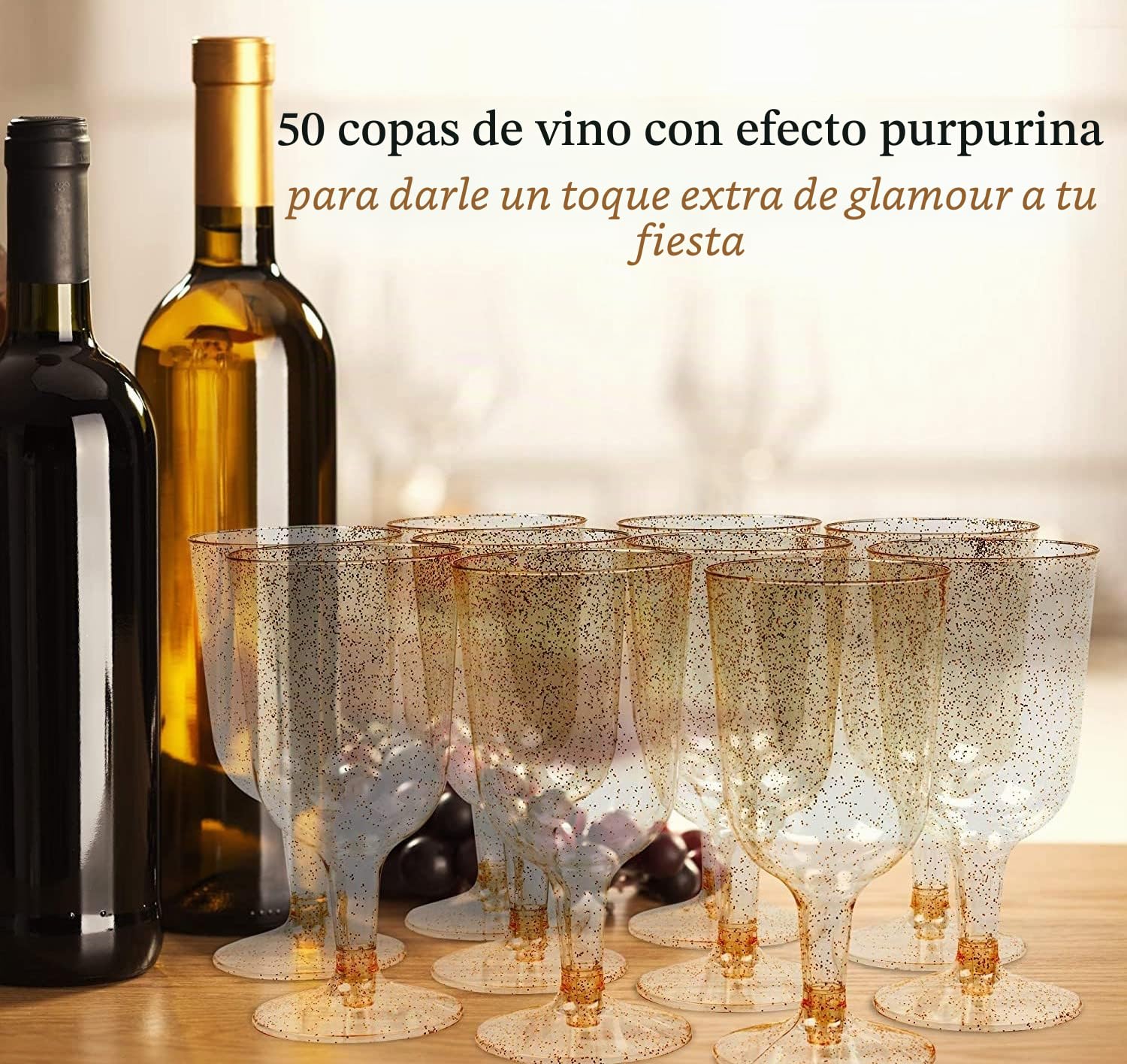 LATERN 50 Piezas Brillo Dorado Copas de Vino, 170ml Copas de Cata de Vino de Plástico Copas de Vino de Fiesta con Tallo Reutilizables Tazas de Postre para Whisky, Champán, Cerveza, Pudín, Mousse
