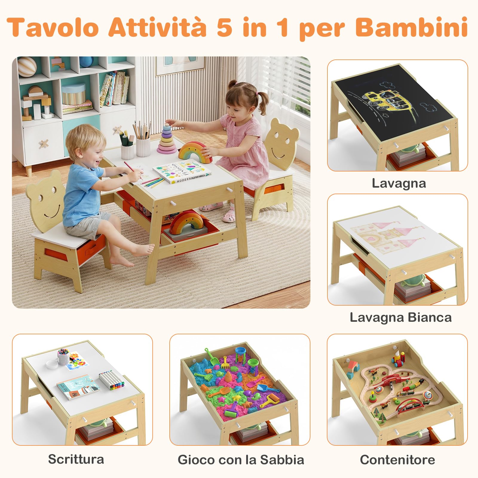 COSTWAY 5 in 1 Set Tavolino e Sedie per Bambini a Tema di Orso, Naturale
