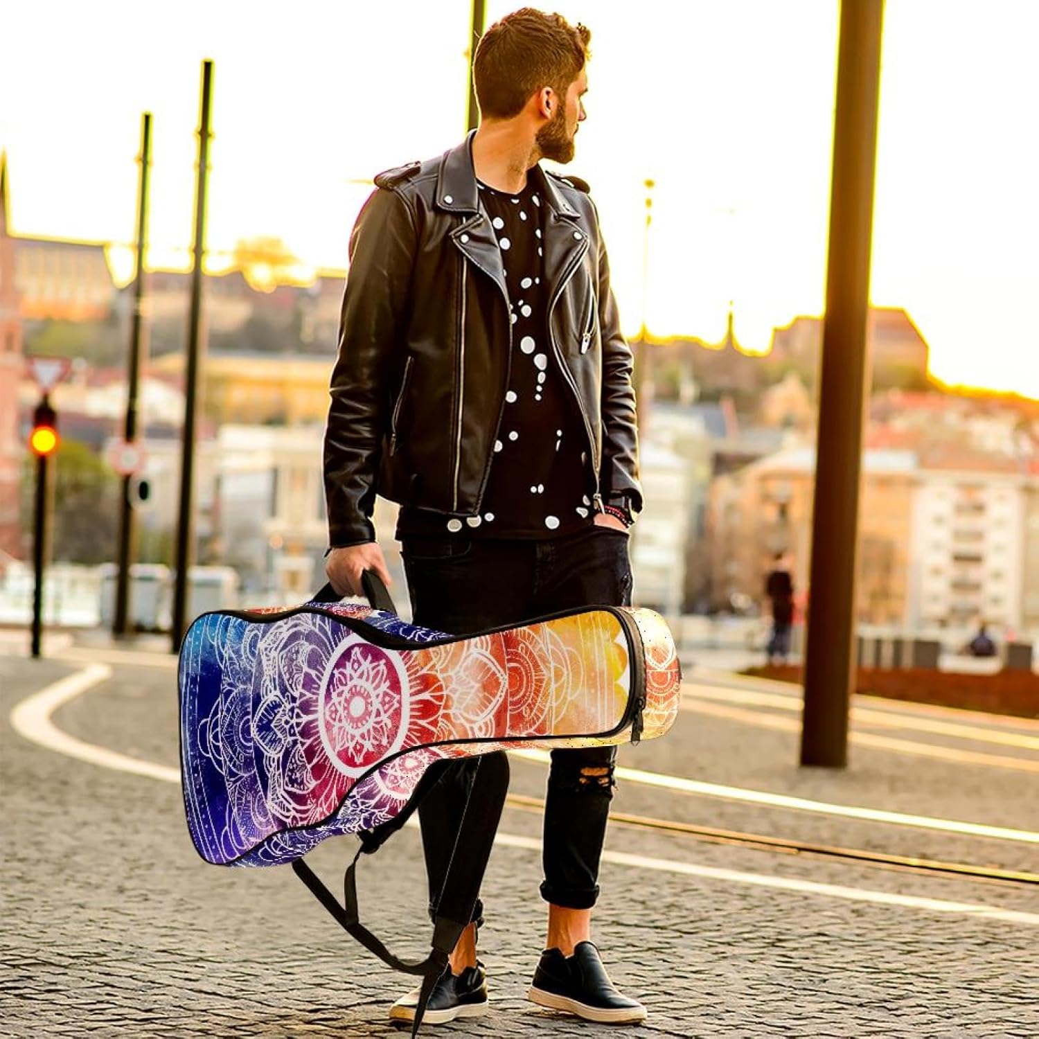 40 41 42 Inch Acoustic Guitar Bag, 0.4 In Thick Sponge Padded Guitar Case Gig Bag with Back Hanger Loop and 2 Pockets, Colorful Watercolor Mandala