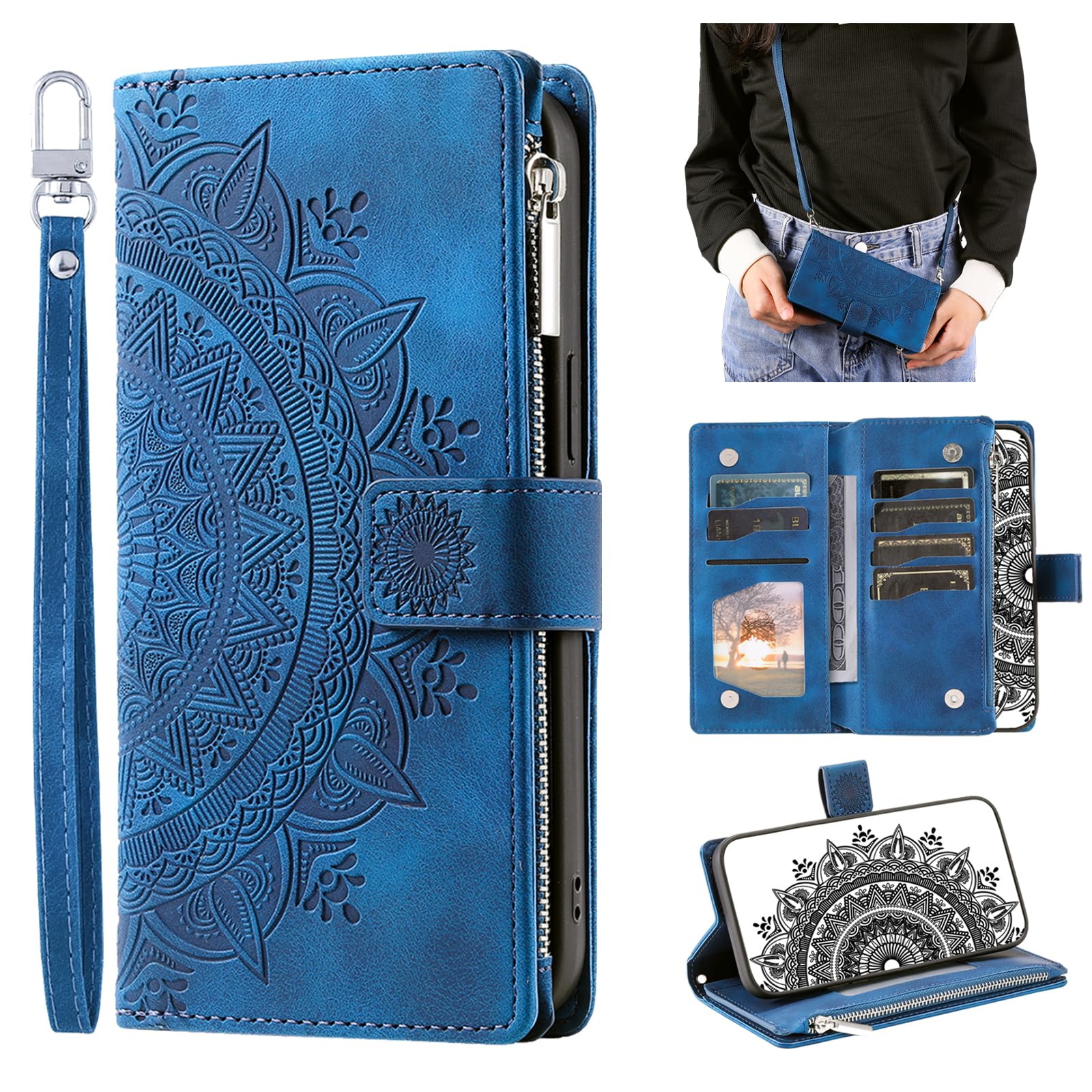 CASEONJAN Crossbody Wallet Case for Samsung Galaxy S22 Plus, Leather Case with Lanyard Strap Wristlet Zipper Card Holder, Flip Phone case Cover for Samsung S22 Plus (Blue)