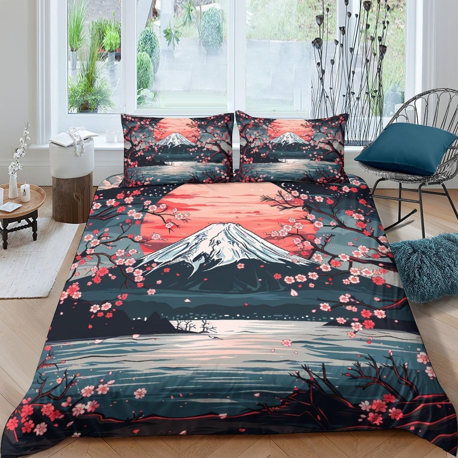 Ctjqhvkz Style-2 3D Printed Mount Fuji Sunset Fitted Sheet Microfiber Art Cherry Blossom Mattress Cover For Bedroom Guest Room Decor Single（135X200cm）