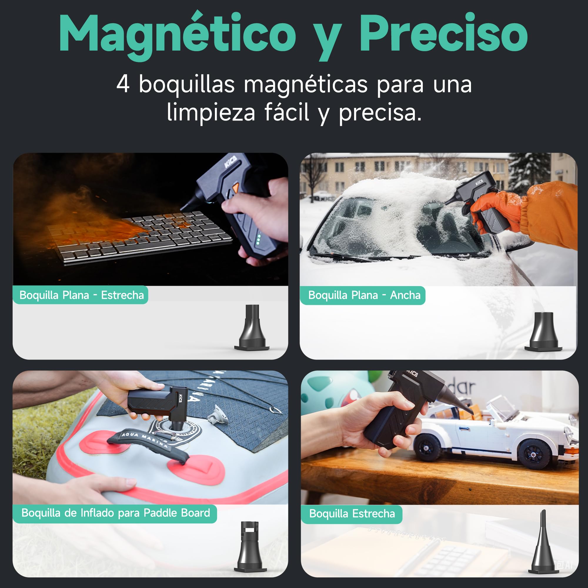 Kica JetFan Ultra Soplador Eléctrico & Alternativa a Aire Comprimido – 130.000 RPM, 48 m/s Velocidad de Viento, Recargable USB, para PC, Teclado, Auto, Sofá y Oficina con Luz LED