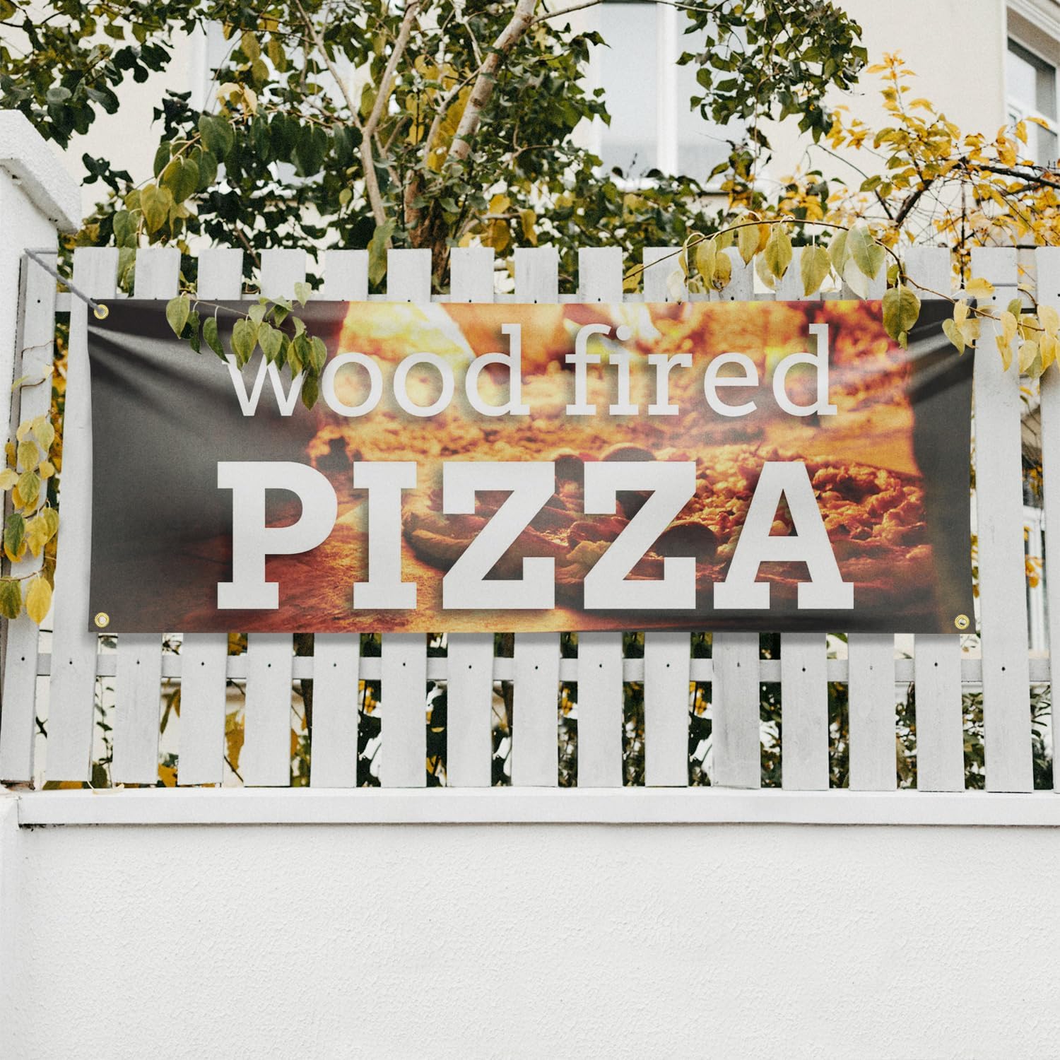 Wood Fired Pizza Banner Sign 18 Inch x 48 Inch | 13 oz Vinyl with Metal Grommets | Heavy-Duty Single-Sided Outdoor Durable Printed High-Quality Weatherproof | Made in the USA