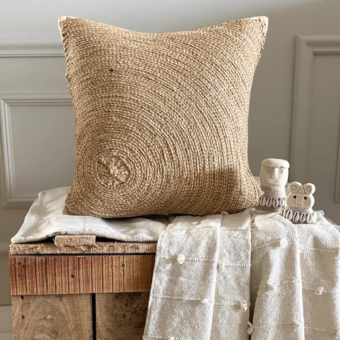 The HomeCentric Ecru Set di 2, 50x50 cm Lino Di Cotone Designer Toss Pillows, Cavo Di Iuta, Ricamo Beige Cotone Federa Lettino, Contemporaneo Cerchi e Punti Federe per cuscini - Back To Earth