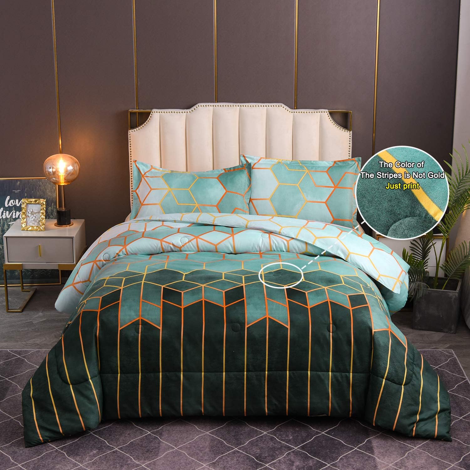 YEARNING Comforter Queen Set Green Marble Print Geometric Design, Modern Trendy All Season Bedding Set, Matching 2 Pillowcase