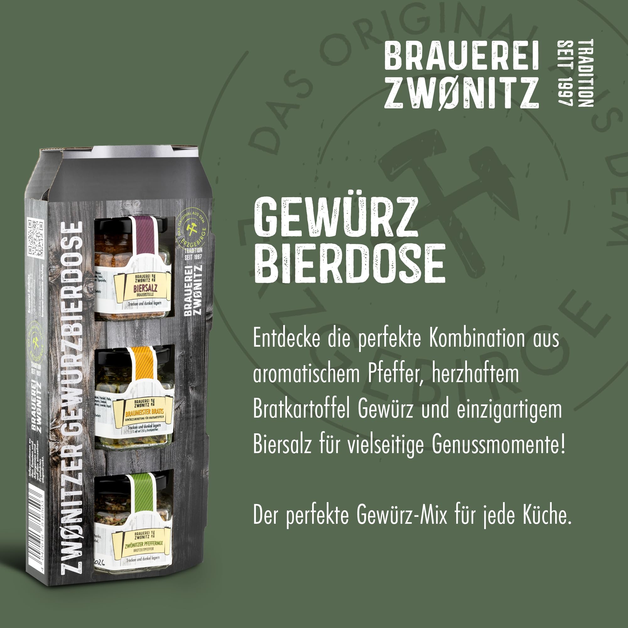 Brauerei Zwönitz Gewürzset mit Bratkartoffelgewürz, Biersalz und Pfeffer - Gewürzbox mit drei Gewürzmischungen - Gewürze Set Geschenk in der Gewürzbierdose