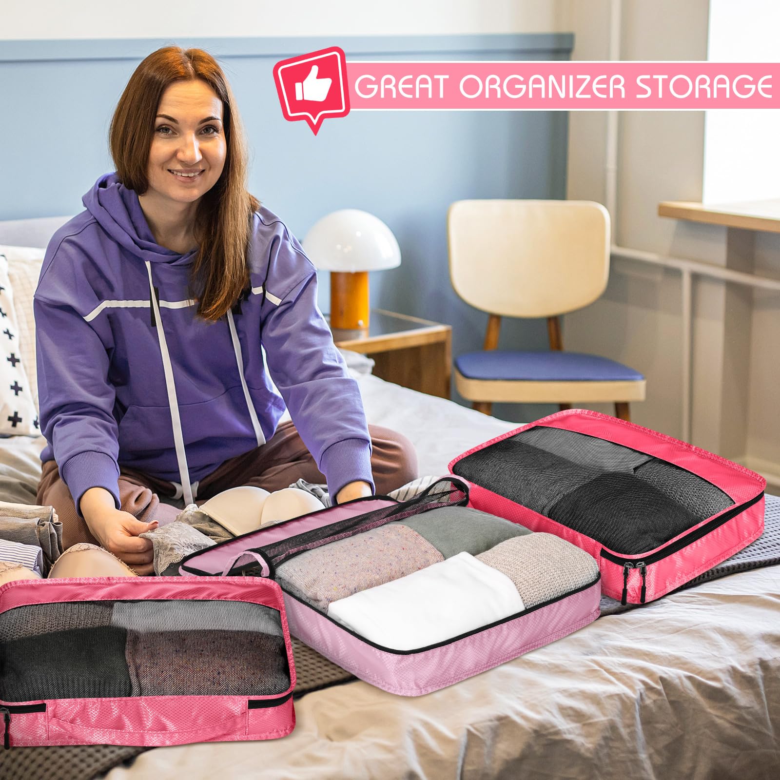 5 cubos de equipaje para maleta, cubos grandes de viaje, bolsas organizadoras de equipaje para accesorios de ropa (M,rosa)