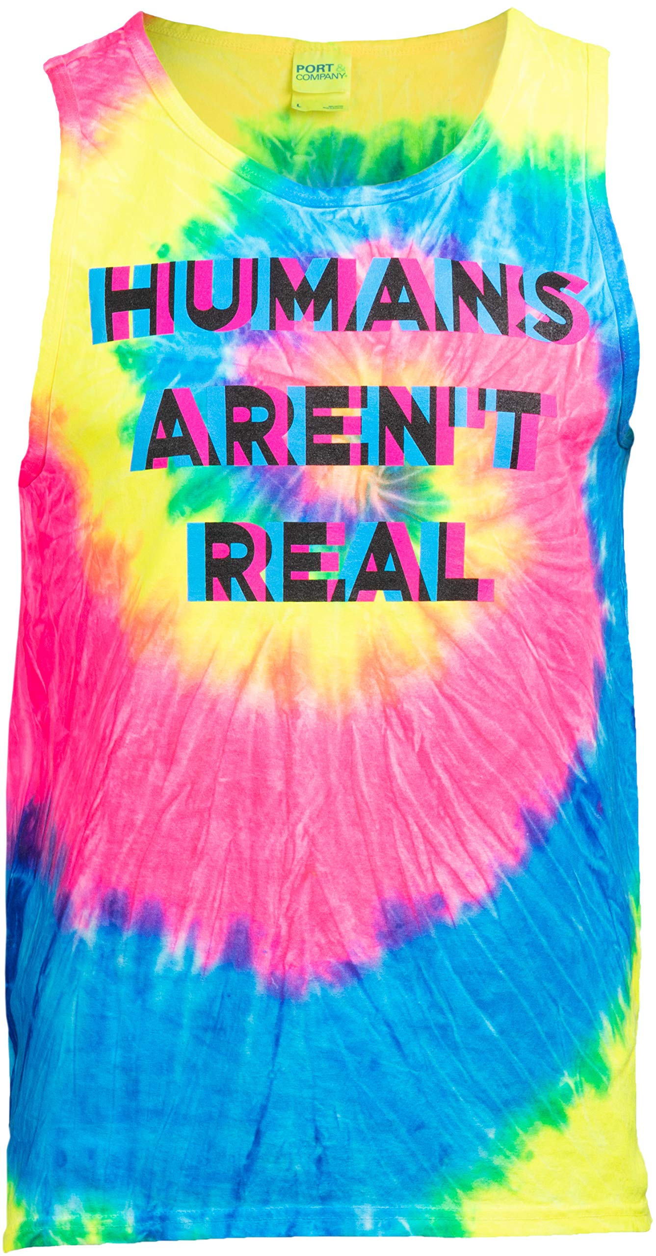 Ann Arbor T-shirt Co.Humans aren't Real | Funny Festival Hippy Rave Drug Tie Dye for Men or Women Tank Top