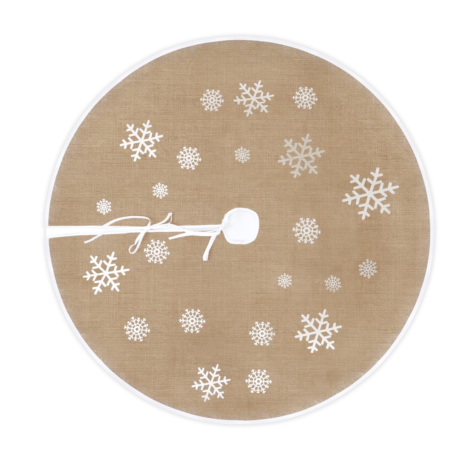 Gonna Albero di Natale Gonna per Albero di Natale Beige con Fiocco Di Neve Bianco Stampato Tappeto Rotondo per Albero di Natale Gonna per Albero di Natale 120 cm
