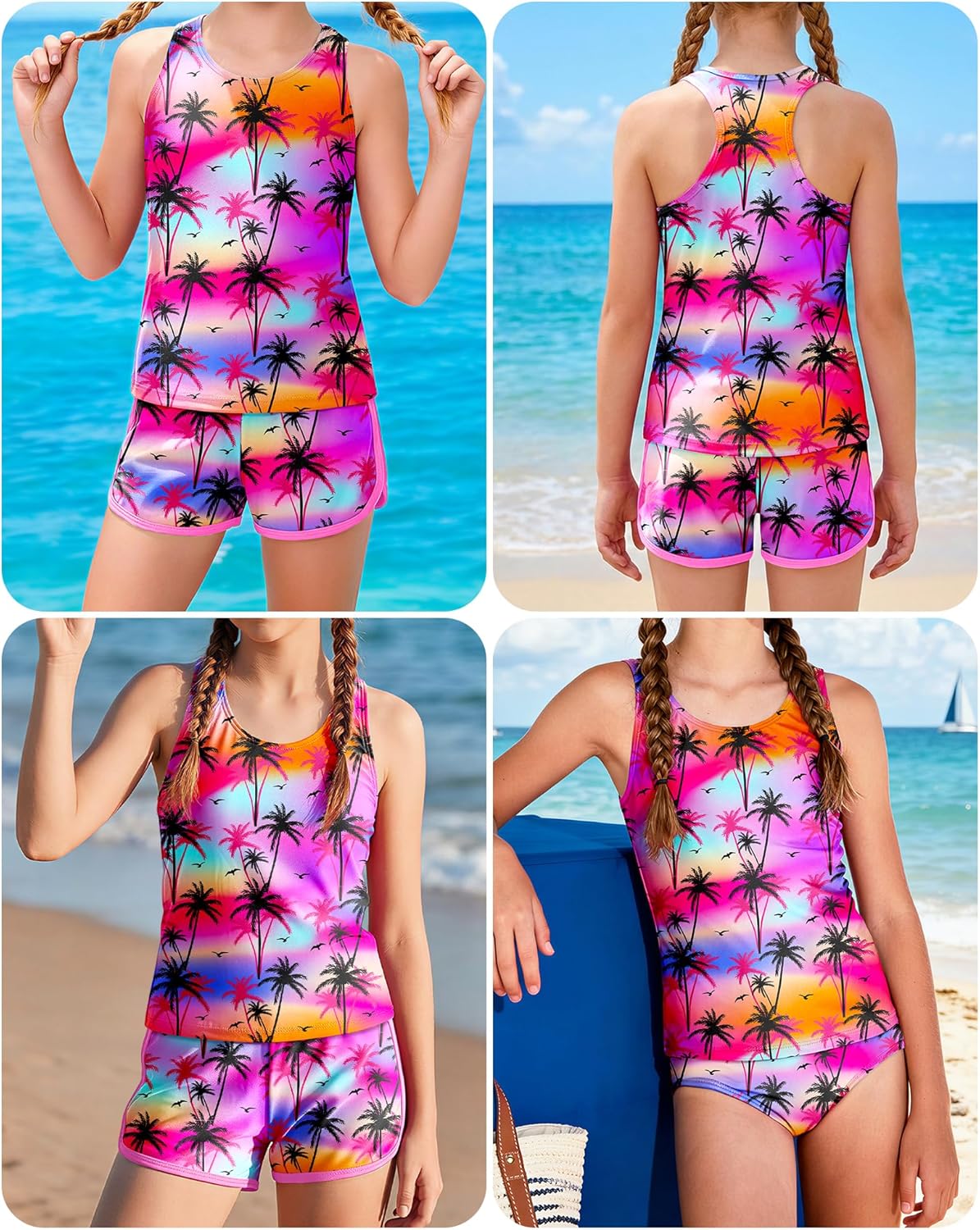 Girls Swimsuit 3 Piece Tankini Bathing Suit Set Summer Racerback Top Girls Bikini Swimwear with Shorts 6-14 Years - Image 6