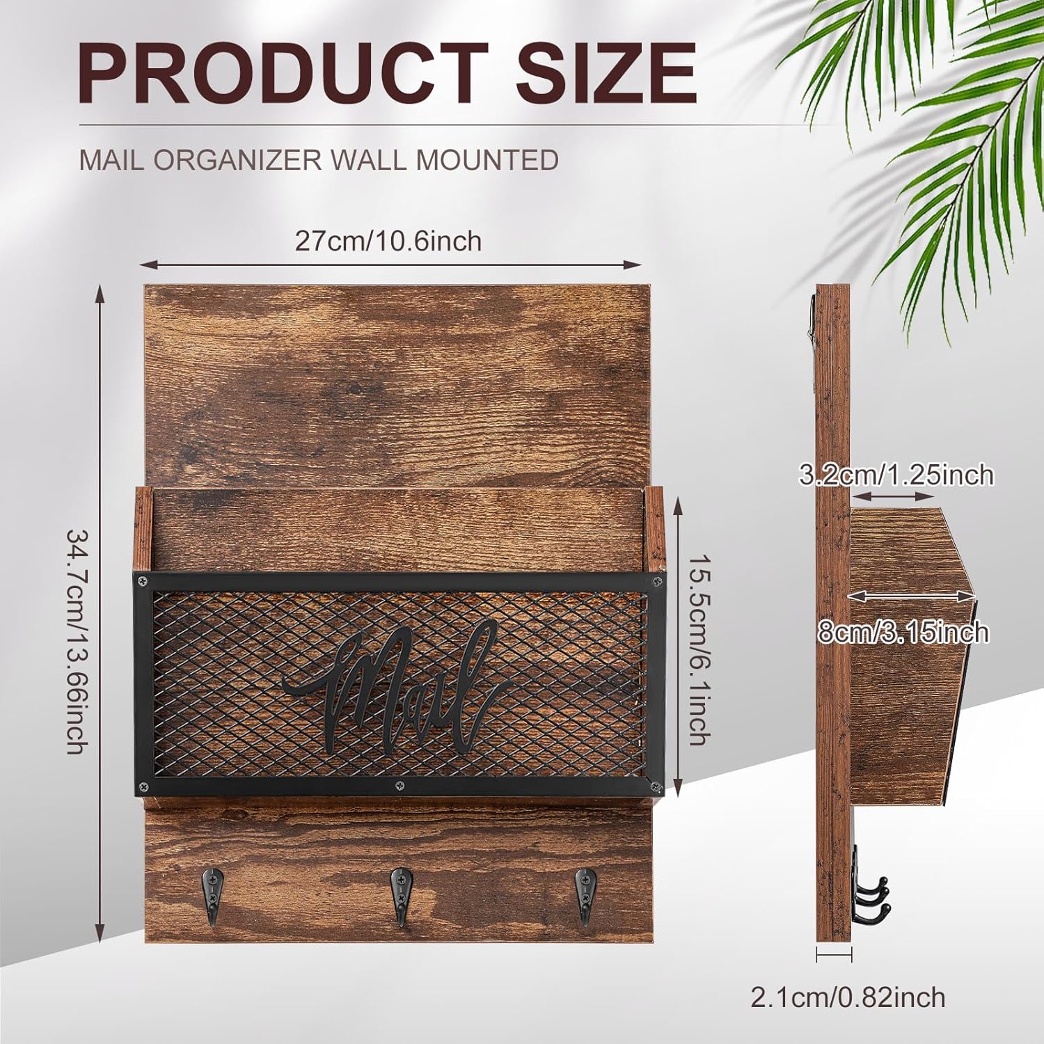 Yalikop Farmhouse Mail Organizer Wall Mounted Rustic Mail Holder Hanging Key Sorter with 3 Hooks Indoor Wooden Wall Mounted, Letter, Magazines, Newspapers, Keys(Classics,Brown)