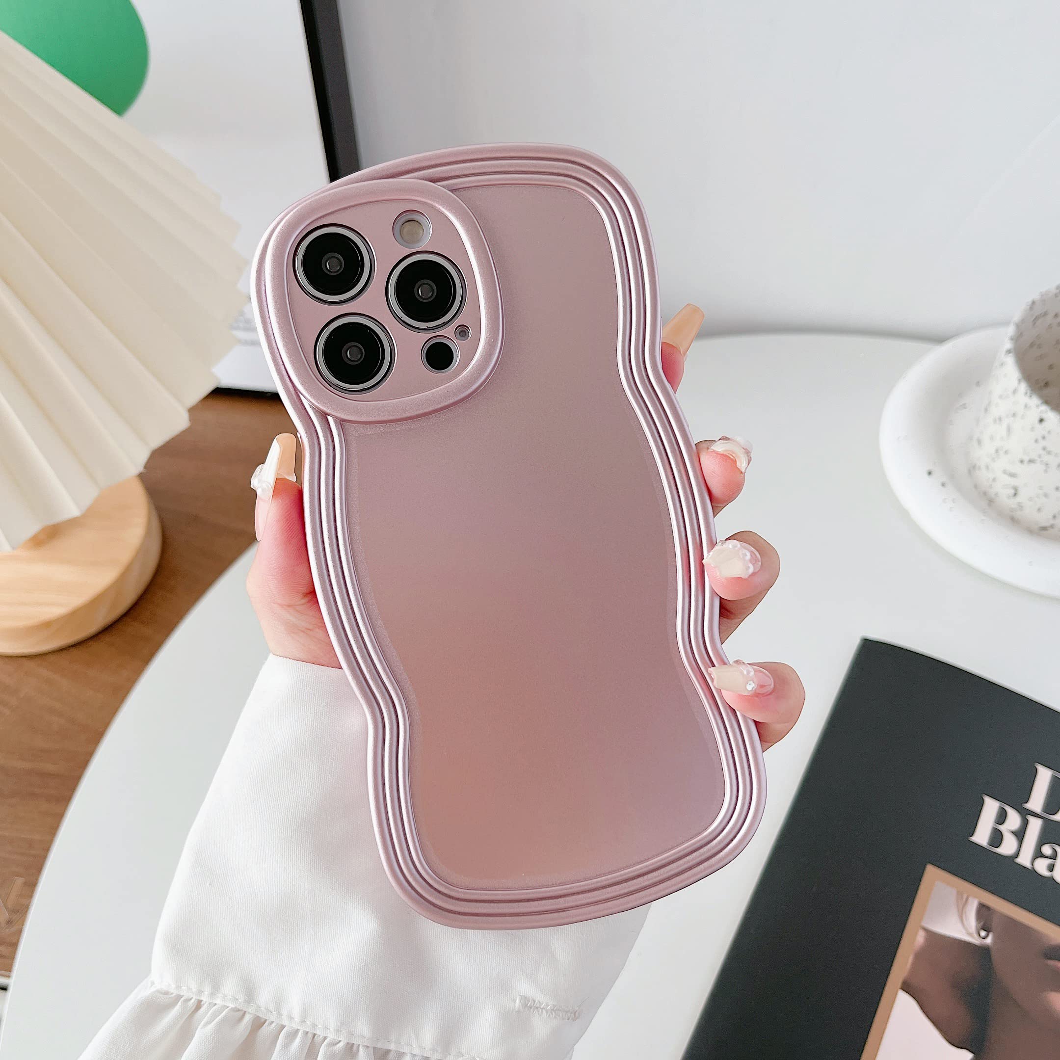 XIZYOCase for iPhone 14 Pro Max 6.7 Inch, Cute Solid Color Curly Wave Shape Frame Silicone Shockproof Case, for Women Girls Slim Soft TPU Full Camera Lens Protective Cover, Electroplate Pink