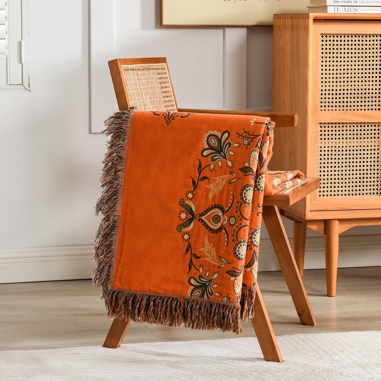 PANGUSHAN Orange Bohemian Throw Blanket - 100% Cotton Reversible Queen Size (90"x98"), Floral Jacquard - View #10