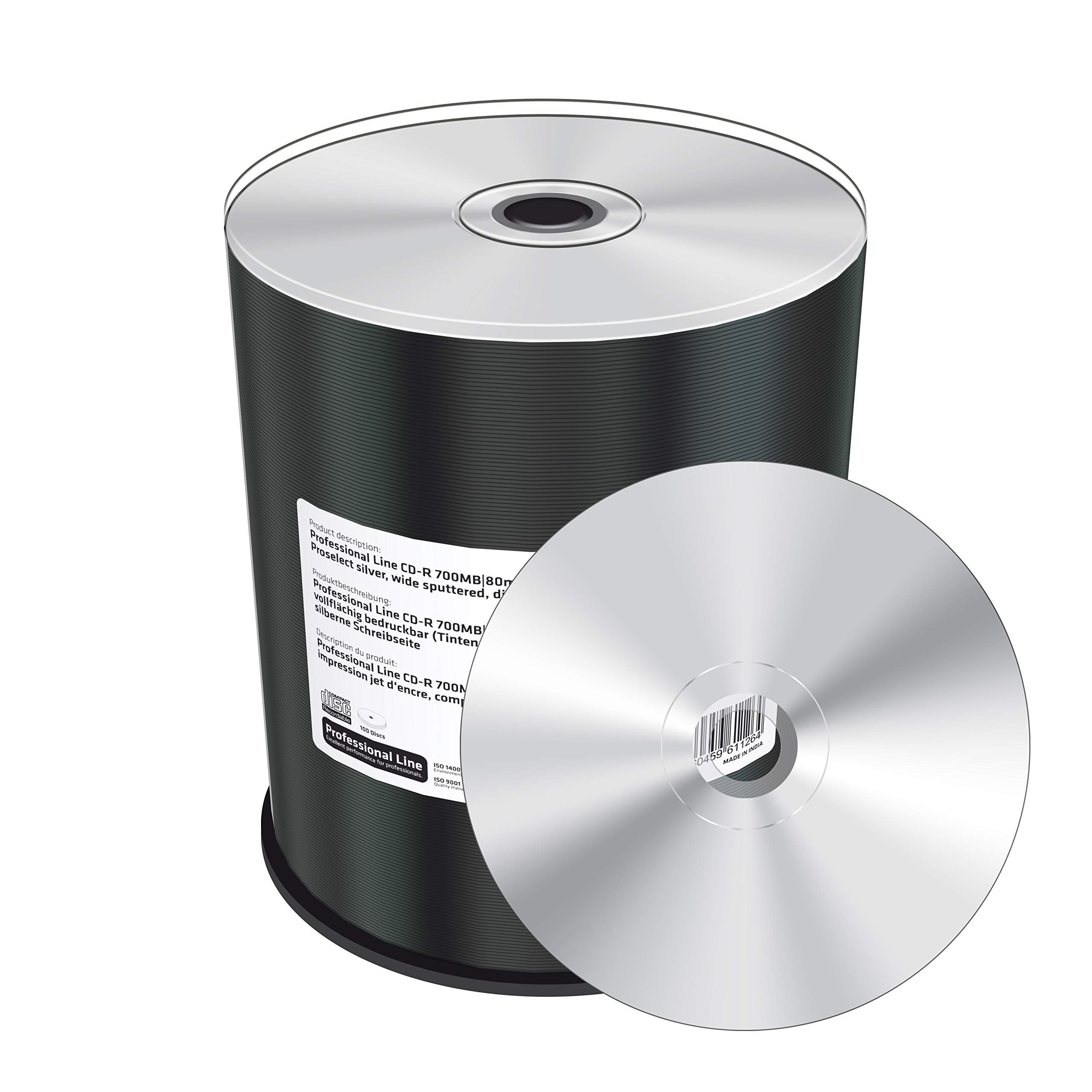 Professional Line CD-R 700 Mb|80 min 52-krotna prędkość zapisu, możliwość drukowania na całej powierzchni (drukarka atramentowa), srebrny, w pełni metalizowana, srebrna strona do pisania, 100 Cake Box