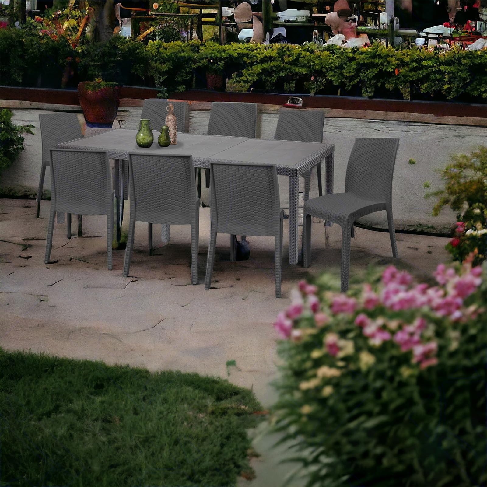 Sicignano | Set 8 Sedie con Tavolo Rettangolare Rattan 220x90 cm, Completo Scuro – Impilabile, Resistente agli UV, Antiscivolo, Arredo Interno Esterno Bar Giardino Terrazzo, Made in Italy
